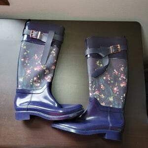 Ted Baker Hampto Blue Floral Tall Rain Boots with Buckle Strap Size 8